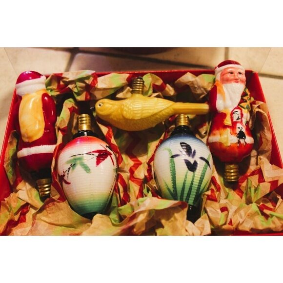 Five Rare Vintage Milk Glass Figural Christmas Light Bulbs / 1940's - Picture 1 of 4